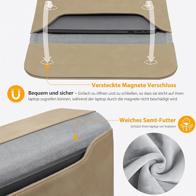 HYZUO 13.3-14 Inch Laptop Sleeve Case for MacBook Pro 14 M5/M4/M3/M2/M1 Pro/Max A3426 A3427 2026-2021, 13.3" MacBook Air/Pro, 13.5-13.8 Surface Laptop, HP Envy 13, Faux Suede Leather, Khaki