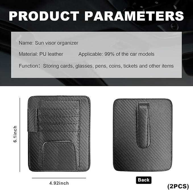 Dickno 2PCS Small Leather Car Sun Visor Organizer, Multifunctional Auto Visor Document Holder with Sunglasses Clip, Universal Car Interior Organizer for Driving License, Card, Pen (Carbon Fiber Black)
