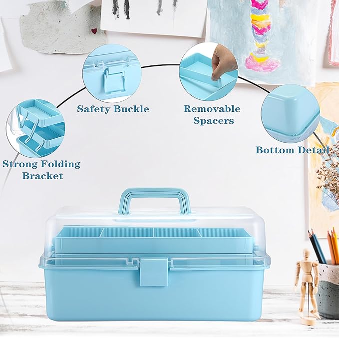 Tackle Box, 16-Inch Extra Large Art Storage Box with 3-Layer Folding Trays, Multipurpose Craft Organizers and Storage w/ Adjustable Dividers, Portable Tool Box for Sewing Supplies,Medicine &Cosmetics