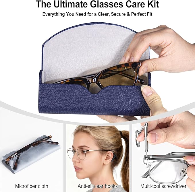 RayLove Ultimate Glasses Case Kit, Hard Shell Sunglasses and Eyeglass Case with Cleaning Cloth, Screwdriver, Ear Hooks