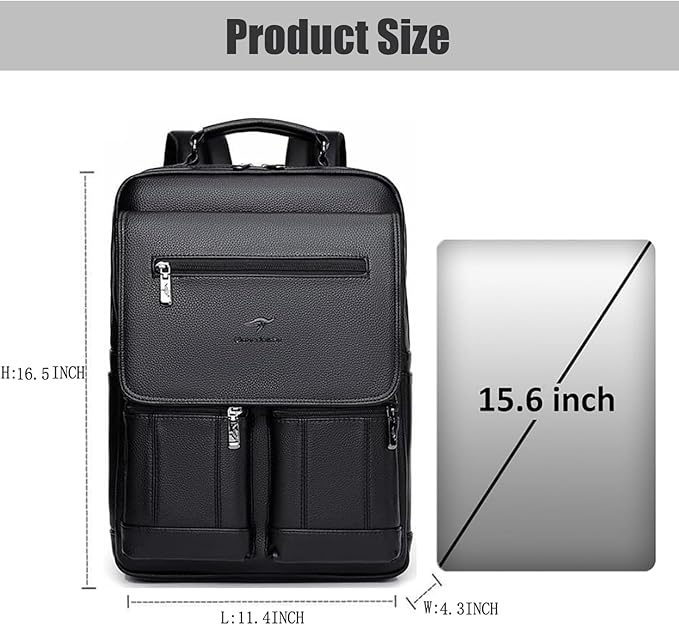CHAO RAN Leather Laptop Backpack for Men Fit 15.6 Inch Laptop, Business Work Office College Medium Backpack with USB Charging Port, Waterproof Black Travel Bag