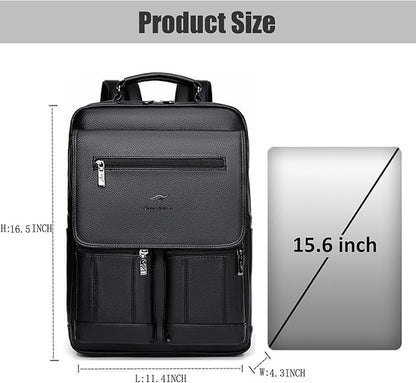 CHAO RAN Leather Laptop Backpack for Men Fit 15.6 Inch Laptop, Business Work Office College Medium Backpack with USB Charging Port, Waterproof Black Travel Bag