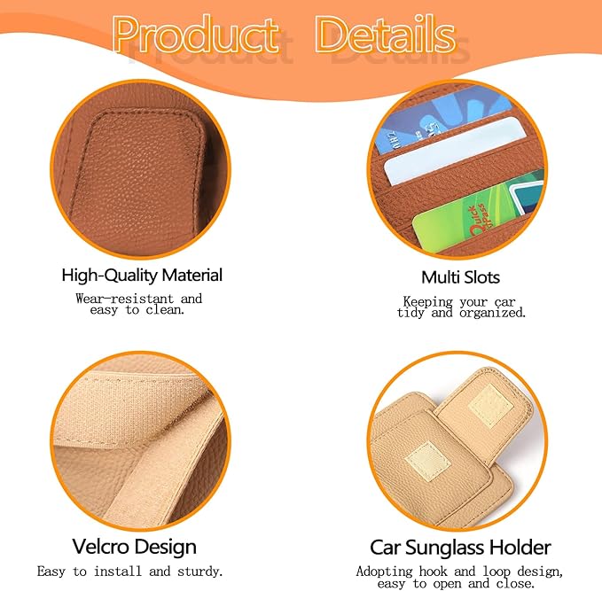 2Pcs Car Sun Visor Organizer, Slim Leather Sunglass Holder for Car, Auto Document Holder for Card, Sunglasses, Insurance, Registration, Pen, Receipt (Brown+Khaki)