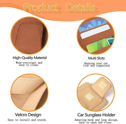 2Pcs Car Sun Visor Organizer, Slim Leather Sunglass Holder for Car, Auto Document Holder for Card, Sunglasses, Insurance, Registration, Pen, Receipt (Brown+Khaki)