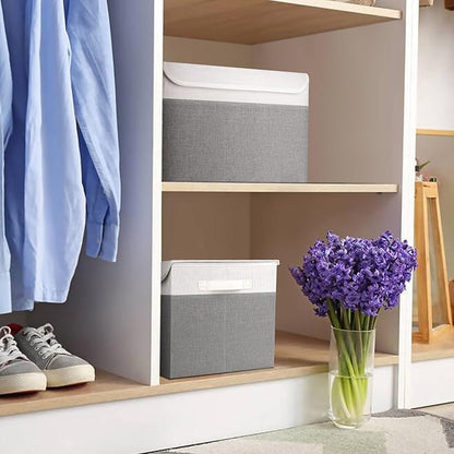Bagnizer Large 22 Quart Linen Fabric Foldable Storage Bin Cube Organizer Basket with Flip-Top Lid & Handles, Clothes Blanket Box for Home, Office, Closet, Gray & White, 4 Pack 14.6 x 9.5 x 9.5”