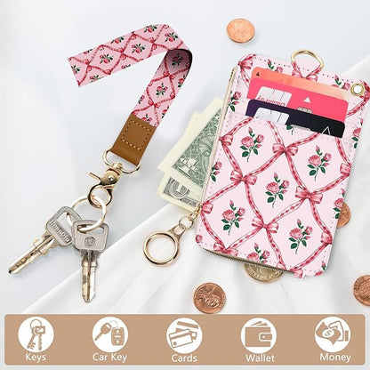 bolimoss Pink Bow Lanyard Wallet & ID Badge Holder, Cute Rose Florals Teacher Lanyard for ID Badge, Small Leather Wallet with Zipper Pocket, Badge Holder with Breakaway Neck Wrist Lanyards