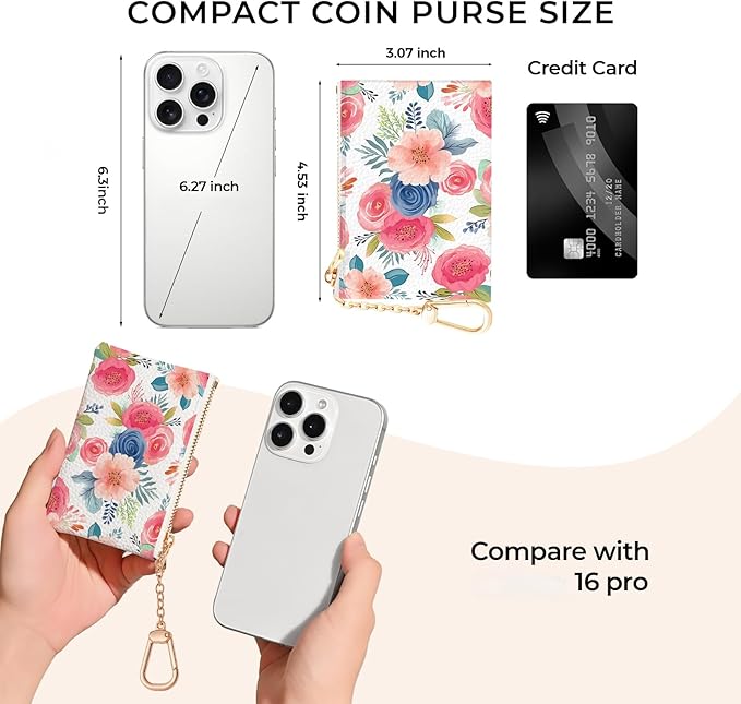 Watercolor Floral Keychain Coin Purse for Women, Small PU Leather Change Pouch, Zipper Little Tiny Travel Wallet for Girls, Cute Kawaii Zip Pocket Coin Holder with Key Ring