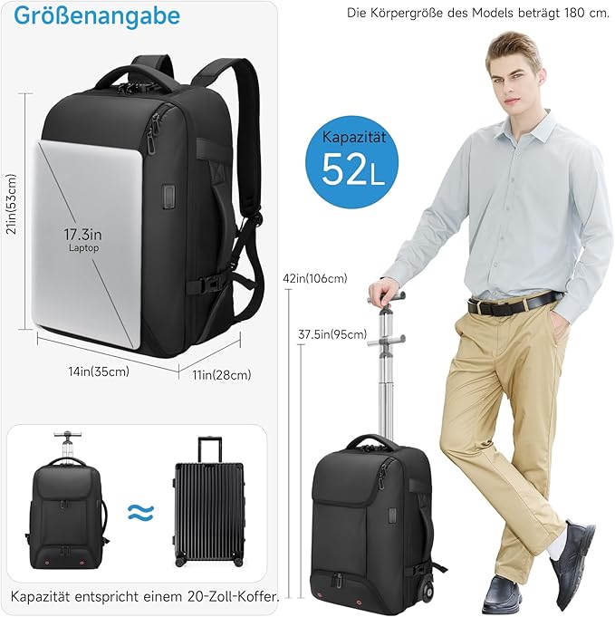 Rolling Backpack,travel backpack with wheels,Water Resistant carry on luggage with USB C Ports,Anti-Theft,wheeled backpack for travel,Business and Commuting