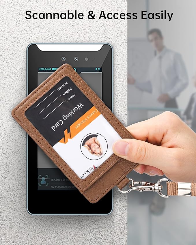 Teskyer Badge Holder with Lanyard, Leather ID Name Badge Card Holder with Lanyard for ID Badges, Vertical, Lychee Pattern Coffee