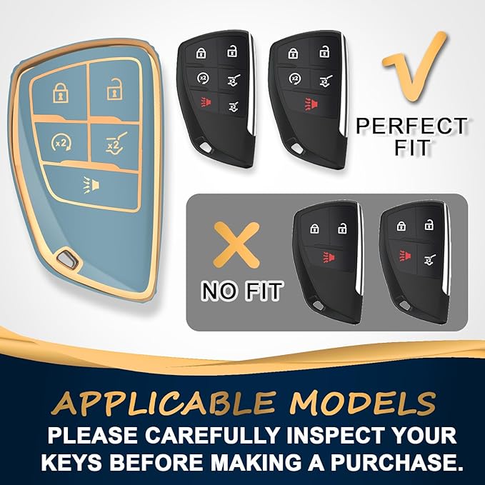 QBUC for Chevy Key Fob Cover with Keychain Soft TPU Protection Case Compatible with 2021-2026 Chevy Equinox Blazer Tahoe Suburban GMC Yukon Denali Silverado 5-Buttons(Gold Trim Blue)