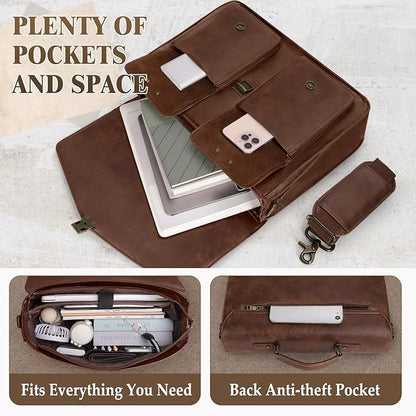 RAINSMORE 17.3 Inch Men's Messenger Bag, PU Leather Laptop Briefcase for Work, Office & Business Travel, Spacious Satchel Bag