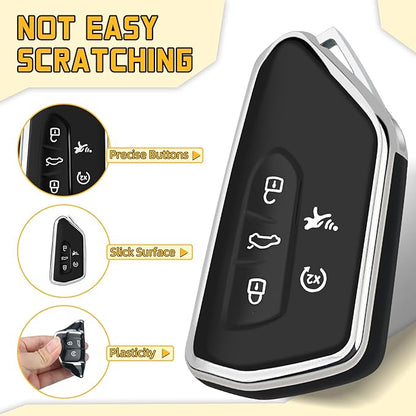 FT FUNTOR Key Fob Cover for Volkswagen,Soft TPU Full Protection Case Compatibale With VW Golf GTI Atlas Skoda Octavia ID3 ID4 MK8 (Black, 5 Buttons)