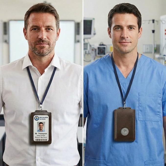 CPLIKE Vertical ID Badge Holder Compatible with Centegix CrisisAlert V2, Premium PU Leather Case with Emergency Button Cutout, Slim 2-in-1 Alarm & ID Card Slot for Teachers & Nurses, Brown