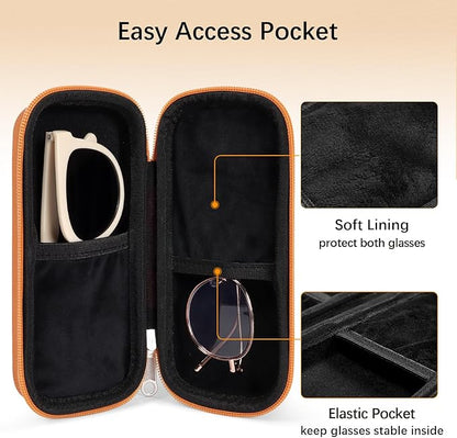 Double Eyeglasses Case Hard Shell Dual Sunglasses Organizer with Zipper Closure Travel Eyewear Storage for Vehicle