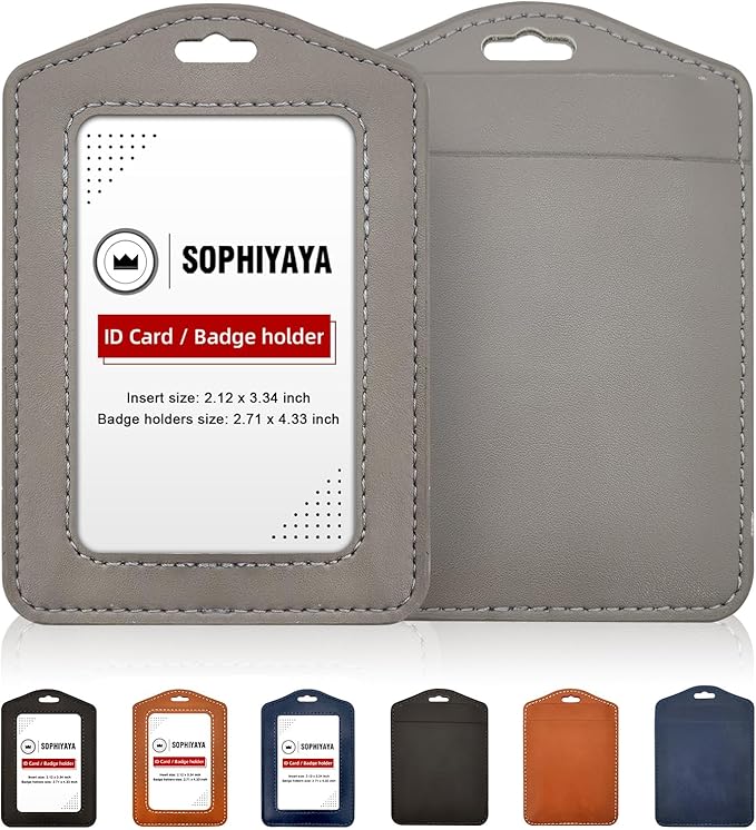 2 Pack Genuine Leather Badge Holder, Key Card Holder, Vertical ID Badge Holder for Student, Teacher, Office, Work and Factory (Grey)