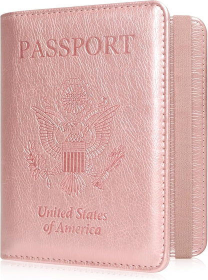 ACdream RFID BLOCKING Passport Holder Travel Wallet, Premium PU Leather Cover Passport Book with Card Holder, Pen Holder, Keep Organization, and Travel Essentials for Women and Men, Rose Gold