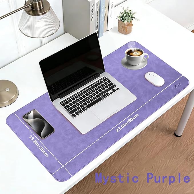 Leather Desk Mat, 23.6"x13.8" Non-Slip PU Leather Desk Pad, Thick Desk Blotter with Stitched Edge, Retro Large Mouse Pad, Laptop Pad for Office & Home Use (Purple)