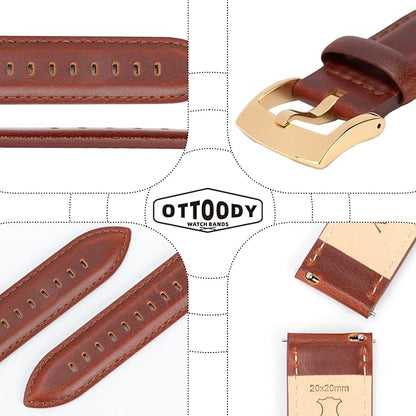 OTTOODY Leather Watch Bands Quick Release, Elegant Top Grain Leather Watch Straps for Men & Women, Choice of Color & Width - 18mm, 19mm, 20mm, 21mm or 22mm Wristbands Bracelet for Watch & Smartwatch