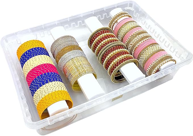 Multipurpose Plastic Storage Box with 4 Adjustable Rods l Storing Box For Bangles, Chuda, Kada, Watches, Scrunchies I (Transparent_Big_4-Rod)