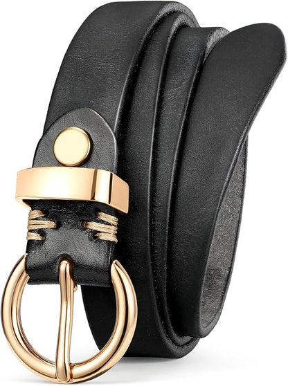 SANSTHS Womens Genuine Leather Belts for Jeans Pants Trendy Vintage Thin Leather Belt Gold Buckle Ladies Skinny Waist Belt