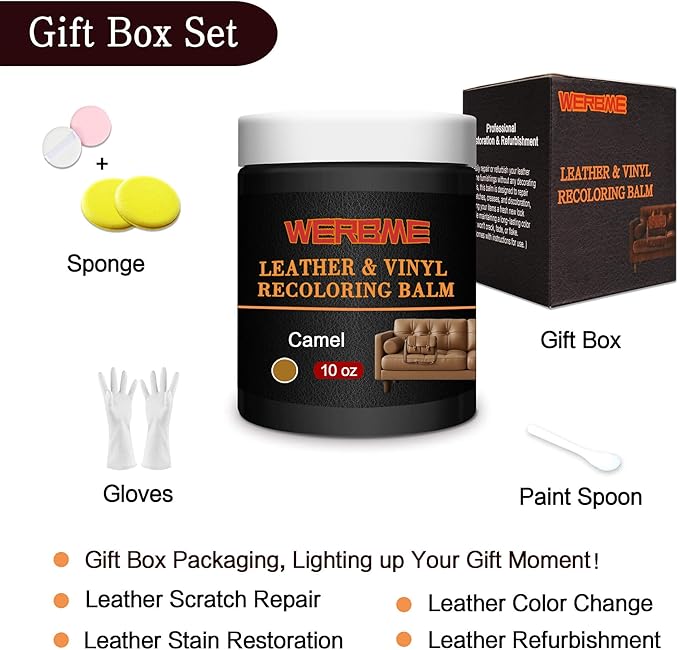 Leather Recoloring Balm & Color Restorer - 10OZ Multipurpose Dye & Paint for Faded Leather Couches, Car Seats, Shoes | Fix Scratches on Clothing, Furniture & Accessories(Camel)