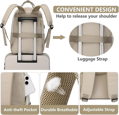 Backpack for Women Laptop Bag: Work Travel Backpacks Fits 17 inch Computer Waterproof College Bookbag with USB Charger Anti-theft Business Casual Backpack Purse for Nurse Teacher Beige Khaki