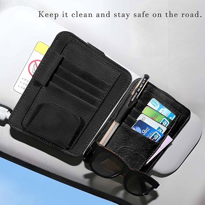 2 Pcs Car Sun Visor Organizer Premium Leather Sunglasses Holder Multi Functional Car Interior Accessories Storage Bag Visor Pouch for Cars Trucks Card Document Holder (Black)