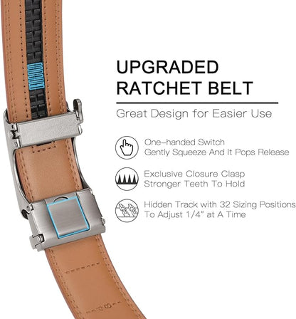 SENDEFN Men's Leather Belt Automatic Ratchet Buckle Slide Belt for Dress Casual Trim to Fit with Gift Box