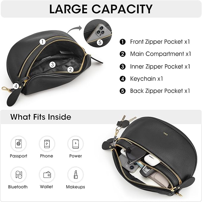 Kattee Crossbody Bag Bum Bags for Women, Leather Fanny Packs Belt Bag, Spacious Sling Purses for Women with RFID Blocking, Black