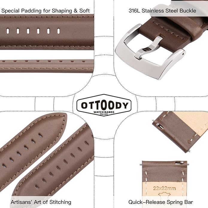 OTTOODY Leather Watch Bands Quick Release, Elegant Top Grain Leather Watch Straps for Men & Women, Choice of Color & Width - 18mm, 19mm, 20mm, 21mm or 22mm Wristbands Bracelet for Watch & Smartwatch