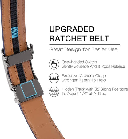 SENDEFN Leather Belt for Men Automatic Ratchet Buckle Slide Dress Casual Belts 1 3/8'' Wide Adjustable Trim to Fit(Black-20)