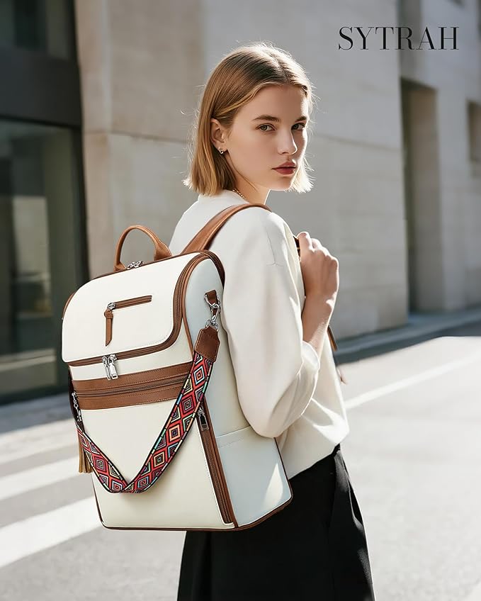SYTRAH Leather Laptop Backpack for Women Designer Laptop Bag, 16.5 inch Travel Computer Backpacks Purse with Tassel for Work Business with Satchel Purse Beige Brown