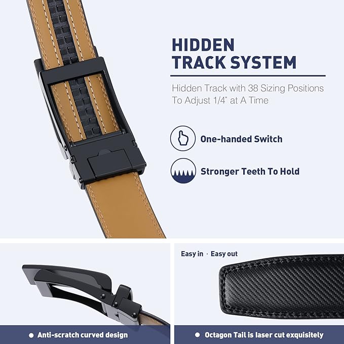 Men's Belt, Leather Ratchet Belt For Men's Dress 3.0cm,1 1/8" Size Adjusted Automatic Buckle