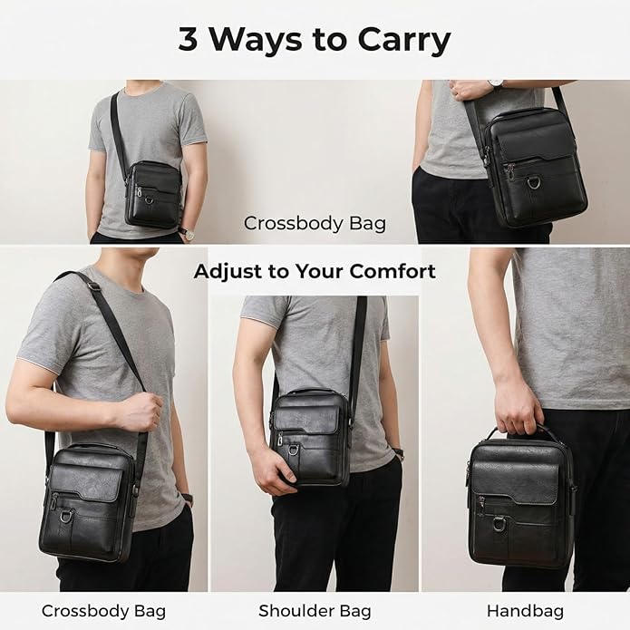 Men's Leather Crossbody Bag, Casual leather Bag for Men, Crossbody Bag Office Business,Handbag Purse Zipper
