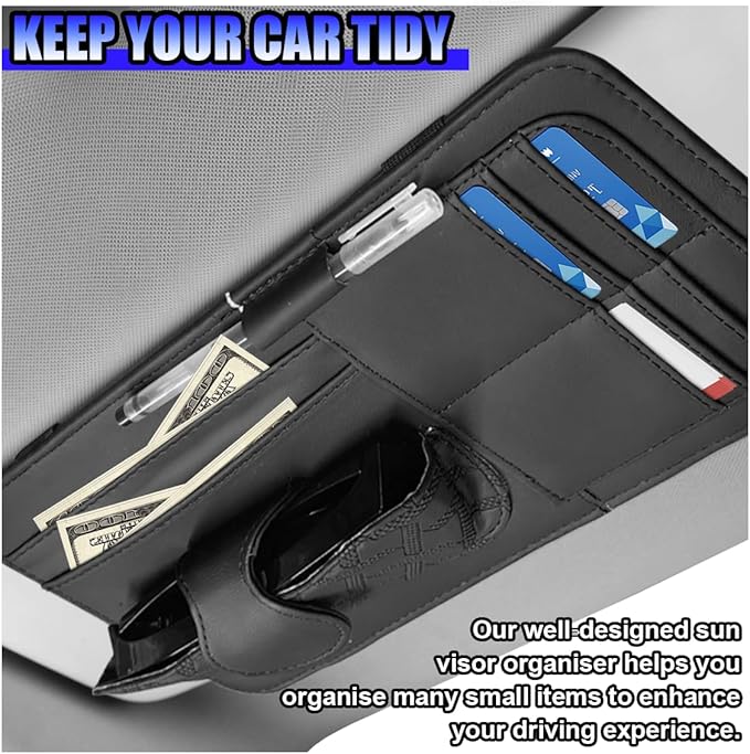 Car Sun Visor Organizer, Vehicle Sunglasses Holder, Automotive Storage Pocket for Pen, Glasses, Ticket, Card, Auto Interior Accessories Pocket for Car, SUV, Truck (Black)