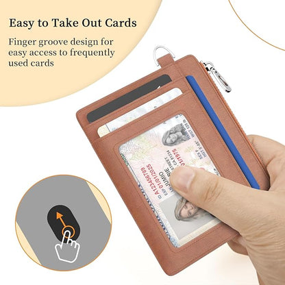 Hancynir Slim Wallet Women Credit Card Holder Minimalist Brown Vintage RFID Small Mini Card Case Front Pocket PU Leather Thin Travel Zipper Coin Cash ID Window Girls Wallet Gifts