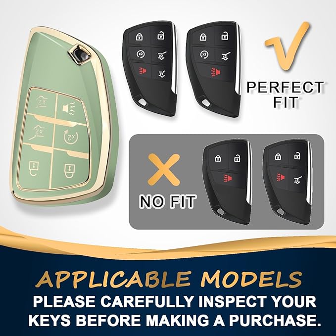 QBUC for Chevy Key Fob Cover with Keychain Soft TPU Protection Case Compatible with 2021-2026 Chevy Tahoe Suburban GMC Yukon Denali Silverado 6-Buttons(Gold Trim Green)
