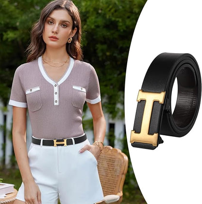 Aurolran Men&Womens Leather Dress Belt Business Automatic Buckle Belt Color-Black Silver Gold