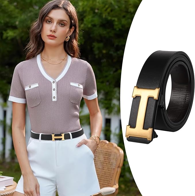 Aurolran Men&Womens Leather Dress Belt Business Automatic Buckle Belt Color-Black Silver Gold