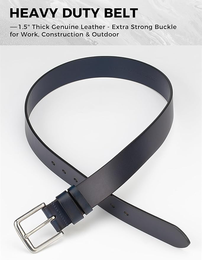 Mens Heavy Duty Full Grain Leather Belt - 1 1/2 Italian Genuine Leather with Sturdy Buckle for Jeans Casual Pants