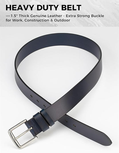 Mens Heavy Duty Full Grain Leather Belt - 1 1/2 Italian Genuine Leather with Sturdy Buckle for Jeans Casual Pants