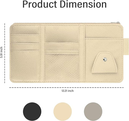 Car Visor Organizer with Sunglass Holder,Multi-Functional Car Sun Visor Organizer with Zipper for Cards,Money,Tickets,Leather Interior Accessories (Beige)