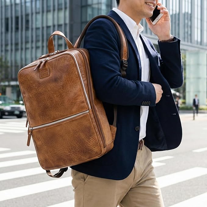 LEATHER VILLAGE Leather Laptop Backpack for Men | Camel Brown | Slim Professional Business Bag Fits 15.6”-Laptop | Water-Repellent Work & Travel Daypack with Trolley Strap
