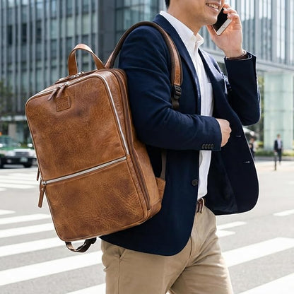 LEATHER VILLAGE Leather Laptop Backpack for Men | Camel Brown | Slim Professional Business Bag Fits 15.6”-Laptop | Water-Repellent Work & Travel Daypack with Trolley Strap
