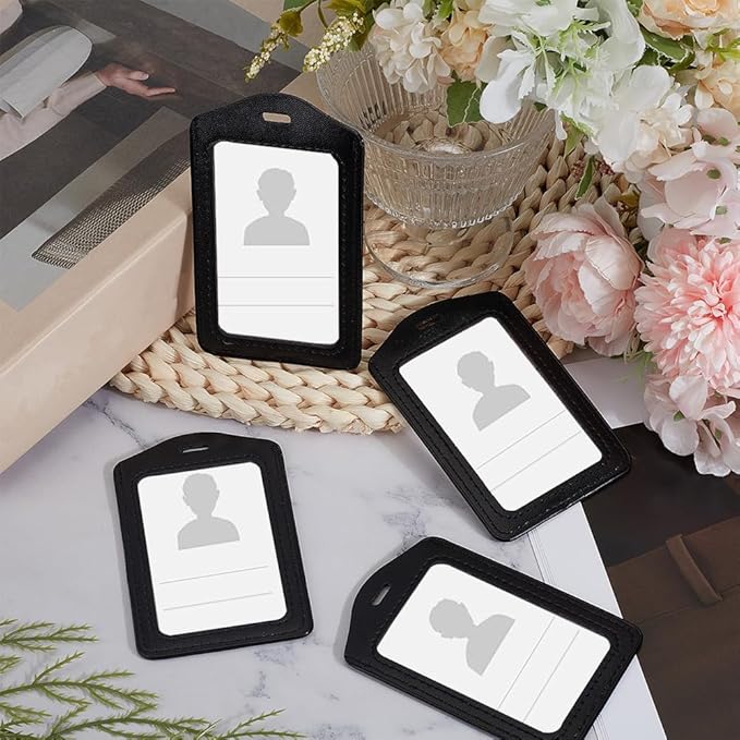 4PCS Black PU Leather ID Badge Holder Black Vertical Double Side Clear Card Slot Case Waterproof Transparent Name Badge Holder Without Lanyard for Offices Staff Students Employees