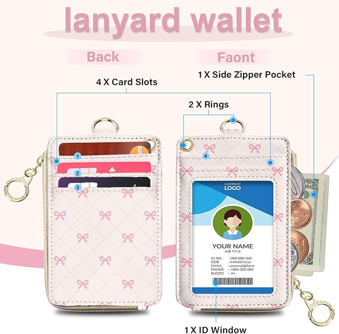 Pink Bow Lanyard Wallet with ID Badge Holder Watercolour PU Leather ID Badge Holder with Keychain Phone Lanyard Wrist Strap, RFID Blocking for Office School Business Women