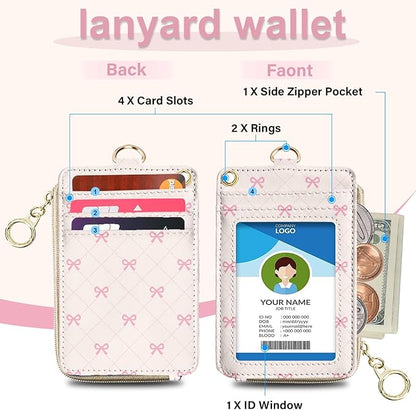 Pink Bow Lanyard Wallet with ID Badge Holder Watercolour PU Leather ID Badge Holder with Keychain Phone Lanyard Wrist Strap, RFID Blocking for Office School Business Women