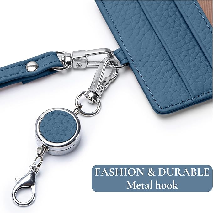 2-in-1 Leather ID Badge Holder with Wallet for Work, Multifunction ID Case with Credit Card Slots & Cash Coin Pocket, Slim Wallet with Lanyard for Women Men Nurse Teacher (Misty Blue)