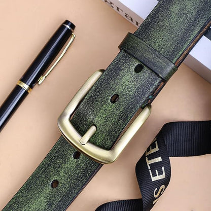 Men's Casual Leather Belt, Handmade Vintage Green Jeans Belt for Everyday Work Casual, Packed in Gift Box