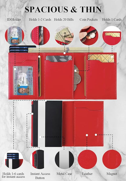 Small Wallet for Men-Pop Up Card Case,with Money Clip Slim Leather Slots Credit Card Holder RFID Blocking Trifold Minimalist Wallet with ID Window and Coin Purse(Red Small Wallet for Men Gift